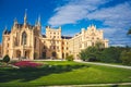 Lednice Chateau with beautiful gardens and parks on sunny summer day. Lednice-Valtice Landscape, South Moravian region. UNESCO W