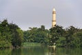 Minaret lookout tower behind castle pond in Lednice Valtice area Royalty Free Stock Photo