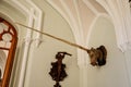 Lednice, Southern Moravia, Czech Republic, 04 July 2021: Castle interior with neo-gothic wooden carved ceiling and furniture,