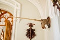 Lednice, Southern Moravia, Czech Republic, 04 July 2021: Castle interior with neo-gothic wooden carved ceiling and furniture,