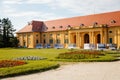 Lednice, Southern Moravia, Czech Republic, 04 July 2021: chateau with beautiful gardens, flower parks on sunny summer day, neo-