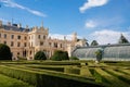 Lednice, Southern Moravia, Czech Republic, 04 July 2021: chateau with beautiful gardens, flower parks on sunny summer day, neo-