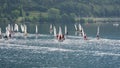 Ledro, Italy. Sailing school on small boats. School on Lake Ledro. Alpine lake. Summer time