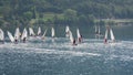 Ledro, Italy. Sailing school on small boats. School on Lake Ledro. Alpine lake. Summer time