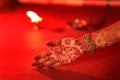 Ledy Feet and Hands in Heena for wedding in Orange and red background and isolated hand and feet