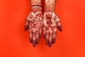 Ledy Feet and Hands in Heena for wedding in white background and isolated hand and feet  | hand design | feet design | beautiful d Royalty Free Stock Photo