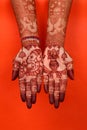 Ledy Feet and Hands in Heena for wedding in white background and isolated hand and feet  | hand design | feet design | beautiful d Royalty Free Stock Photo