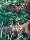 Lee cooper shoes standing amongst early morning frost covered fresh green grass Royalty Free Stock Photo