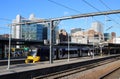 Leeds city skyline, electric train Leeds station