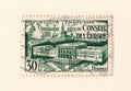 An old green vintage french postage stamp with an image the council or europe building and strasbourg Royalty Free Stock Photo