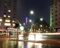 20 November 2018: A long exposure photo of Leeds City Square at night with light trails caused by rush hour Royalty Free Stock Photo