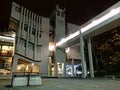 The Roger Stevens building, Leeds University in West Yorkshire, England, a 1960s concrete brutalist building taken at night with f Royalty Free Stock Photo