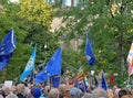 A crowd listening to speakers at the leeds for europe anti brexit demonstration