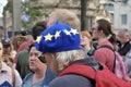 A woman wearing a european flag beret at the leeds for europe anti brexit demonstration