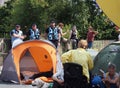 Police liaison offices and tents in the road at the extinction rebellion protest blocking victoria bridge in leeds