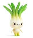 Leek character with sprouting green tops and a joyful face