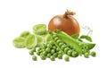 Leek, green peas and onion isolated on white background