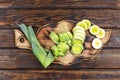 Leek, pieces, cooking, diet, superfood, cutting wooden board, top view. rustic style. copy space