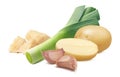 Leek, pieces of parmesan cheese, potato and garlic isolated on white background