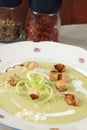 Leek and potato soup with garlic and croutons