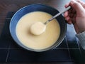 Leek and potato soup.  Hot soup on spoon. Royalty Free Stock Photo