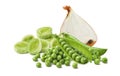 Leek slices, green peas and onion isolated on white background