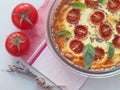 Leek and tomato quiche. Homemade pie with spinach and feta cheese. Royalty Free Stock Photo