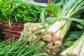 Leeks for sale at city market, healty food