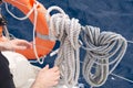 Leer sheets on a yacht. Close up of striped sheet. the sheets are weighed on the yacht rails