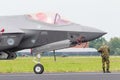 LEEUWARDEN, NETHERLANDS - JUNE 11, 2016: Close-up of the new F-35 at air show in Leeuwarden. It will replace the F16 fighter jet