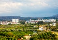 Lefka city center with modern buildings and green residential suburbs, Northern Cyprus