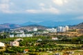 Lefka city center with modern buildings and green residential suburbs, Northern Cyprus