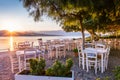 Lefkada, Greece. Nikiana beach taverna at sunrise.