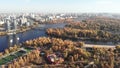 The left bank of Kyiv in the fall. Hydropark. Ukraine. Dnipro river. Aerial view