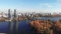 The left bank of Kyiv in the fall. Hydropark. Ukraine. Dnipro river. Aerial view