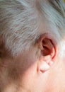 Left ear of a gray-haired elderly man with hearing loss, hearing problems, the concept of rehabilitation of old deaf people