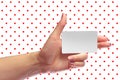 Left Female Hand Hold Blank White Card Mock-up. SIM Cellular Plastic NFC Smart Tag Call-card Mock Up Template. Credit Namecard or Royalty Free Stock Photo