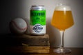 Left Field Brewery Greenwood IPA Craft Beer Can and Glass Baseball Royalty Free Stock Photo