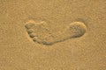 Left foot print in yellow sand close up Royalty Free Stock Photo