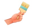 Left hand with bristle brush for painting and painting repairs. Object isolated on white background. Funny cartoon style