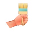 Left hand with bristle brush ready for painting repairs and painting work. Object isolated on white background. Funny