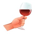 Left hand with full glass red wine. From side of palm. Object isolated on white background. Funny cartoon style. Vector Royalty Free Stock Photo