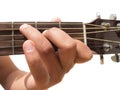 Left hand gesture `chord C` guitar chord finger position in close up isolated on white background.