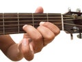 Left hand gesture `chord D` guitar chord finger position in close up isolated on white background. Royalty Free Stock Photo