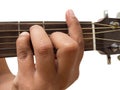 Left hand gesture `chord F` guitar chord finger position in close up isolated on white background.