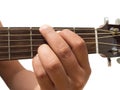 Left hand gesture `chord G` guitar chord finger position in close up isolated on white background.