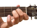 Left hand gesture `chord AM` guitar chord finger position in close up isolated on white background.