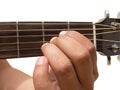 Left hand gesture `chord A` guitar chord finger position in close up isolated on white background.