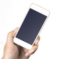 Left hand holding empty white mobile phone screen isolated Royalty Free Stock Photo