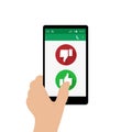 Left hand holding mobile phone and pressing Yes button. Vector illustration. Social network concept. Green and red thumbs up and d Royalty Free Stock Photo